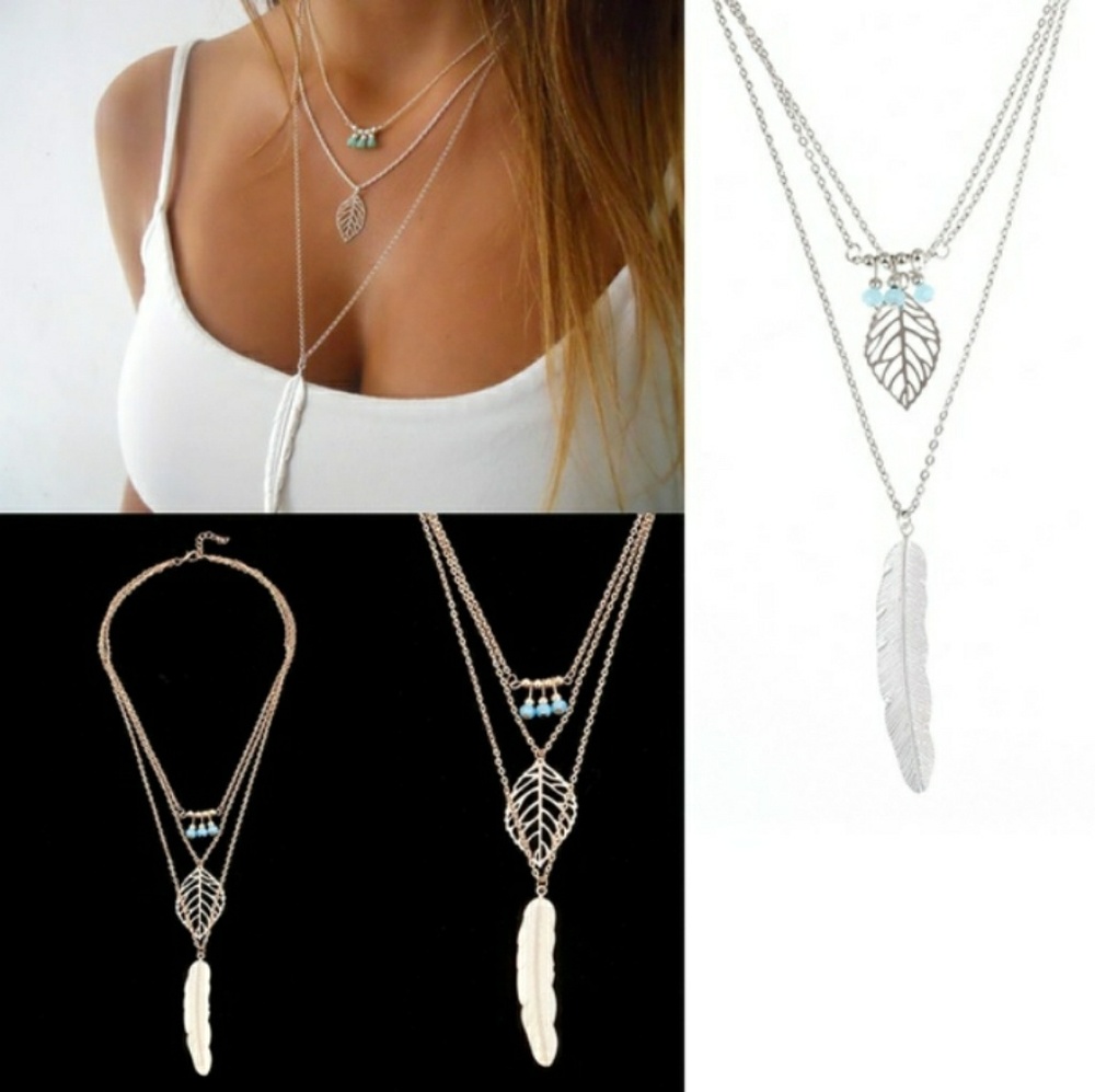 Layered Feather Pendant Necklace - Picture 5 of 5